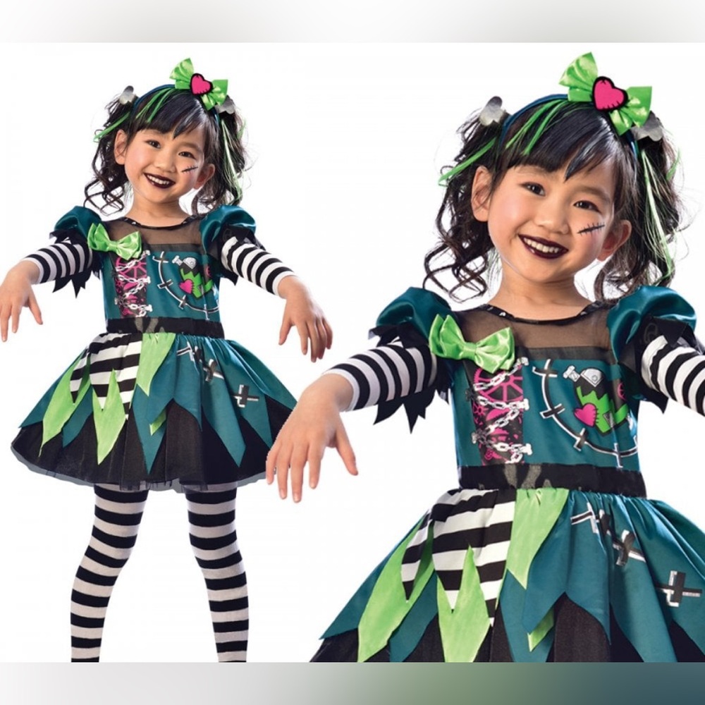 Monster Miss costume for girls, resembling Frankenstein's monster.